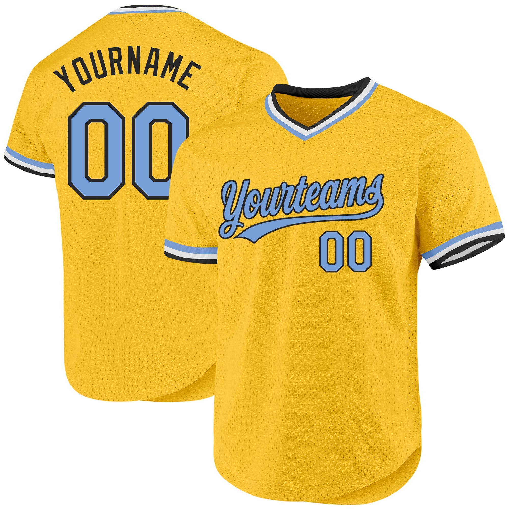 Custom Gold Light Blue-Black Authentic Throwback Baseball Jersey