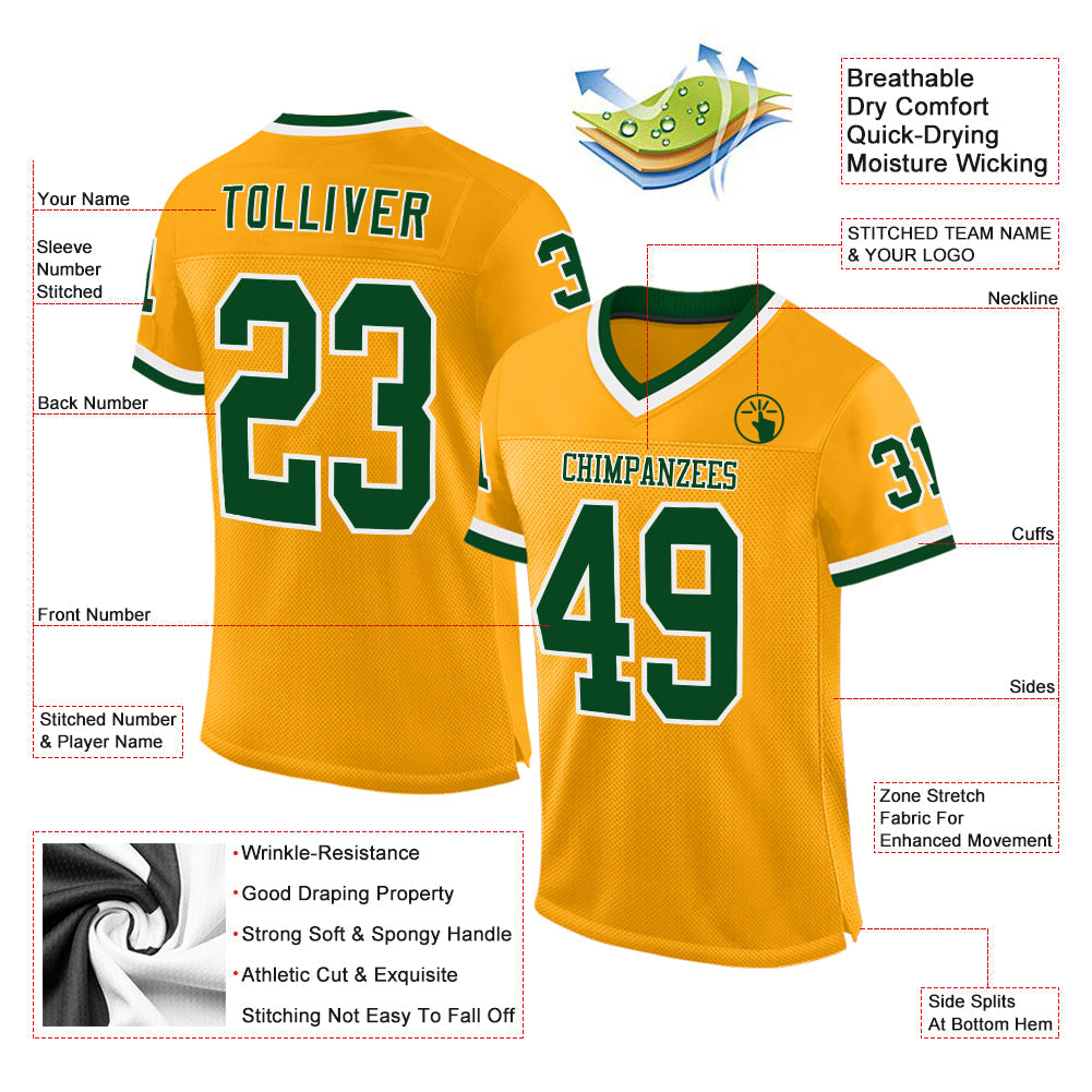 Custom Gold Green-White Mesh Authentic Throwback Football Jersey