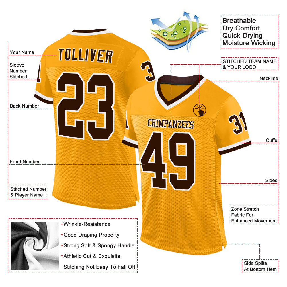 Custom Gold Brown-White Mesh Authentic Throwback Football Jersey