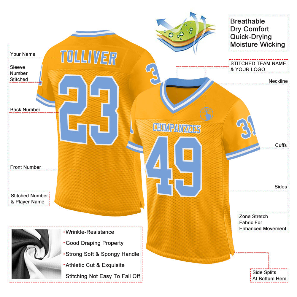 Custom Gold Light Blue-White Mesh Authentic Throwback Football Jersey