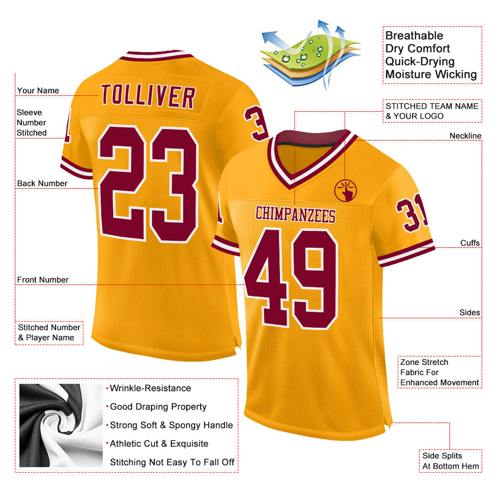 Custom Gold Maroon-White Mesh Authentic Throwback Football Jersey