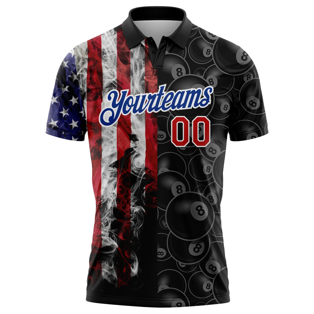 Custom Black Red-Royal 3D Pattern Design Billiards Snooker 8 Ball American Flag Performance Polo Shirt