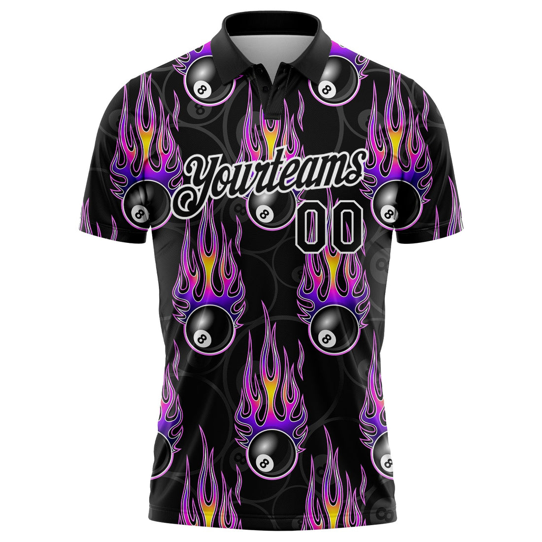 Custom Black White-Purple 3D Pattern Design Bowling Ball With Hotrod Flame Performance Polo Shirt