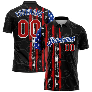 Custom Black Red-Royal 3D Pattern Design Bowling Ball American Flag Performance Polo Shirt