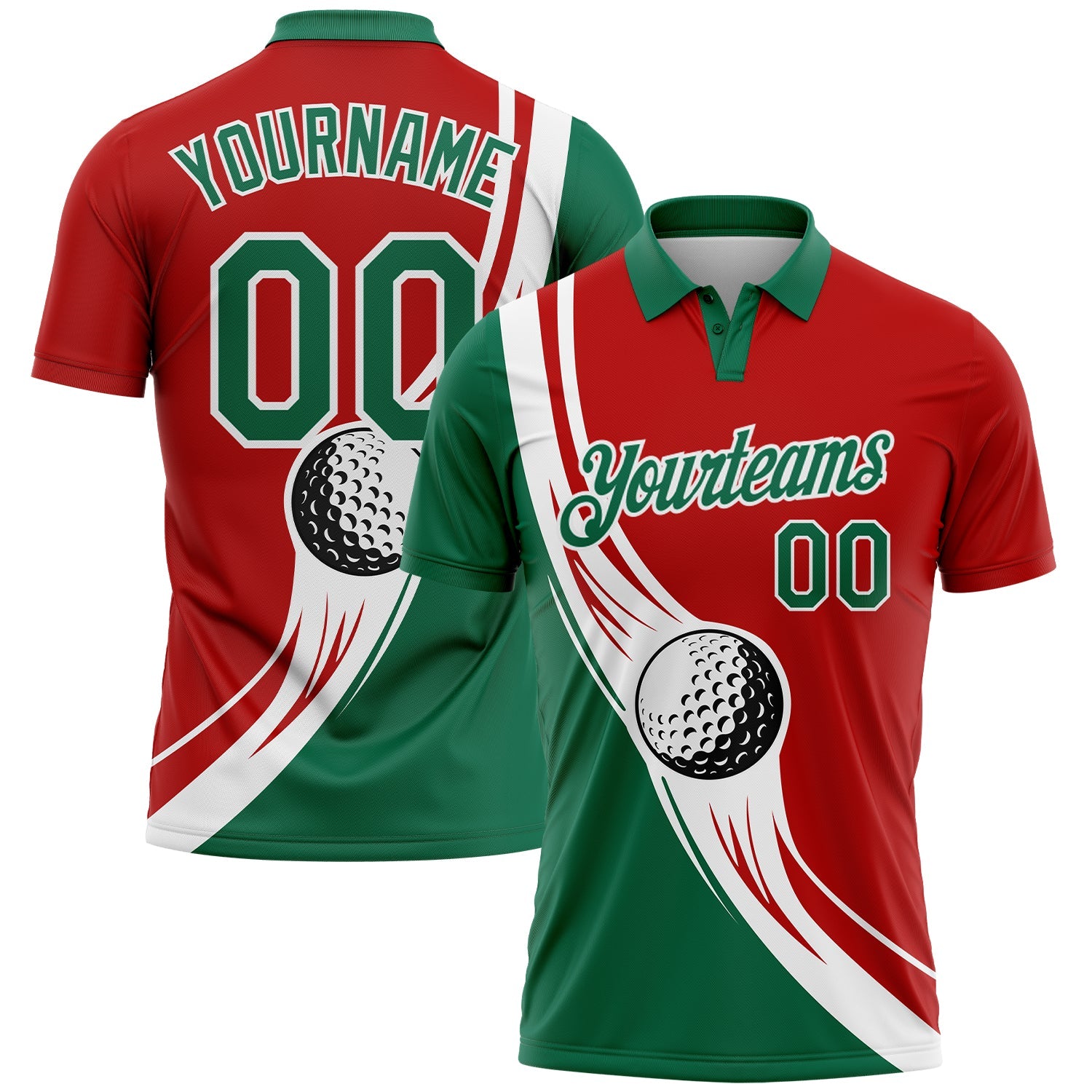 Custom Red Kelly Green-White 3D Pattern Design Golf Ball Performance Golf Polo Shirt