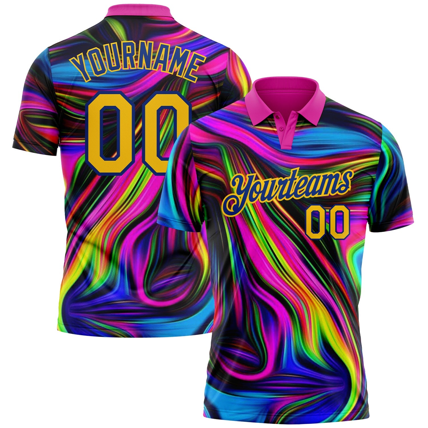 Custom Deep Pink Yellow-Royal 3D Pattern Design Abstract Colorful Psychedelic Fluid Art Performance Golf Polo Shirt