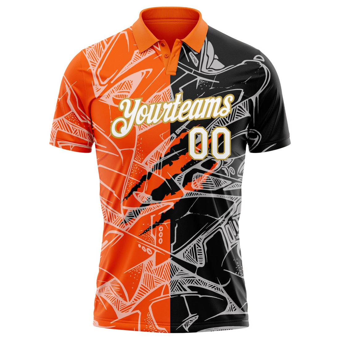 Custom Graffiti Pattern White Orange-Old Gold 3D Scratch Performance Golf Polo Shirt