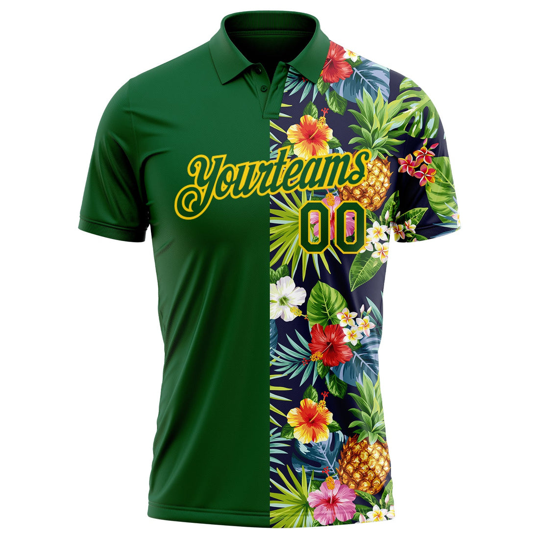 Custom Green Yellow 3D Pattern Design Tropical Pattern With Pineapples Palm Leaves And Flowers Performance Golf Polo Shirt