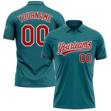 Custom Teal Red-White Performance Vapor Golf Polo Shirt