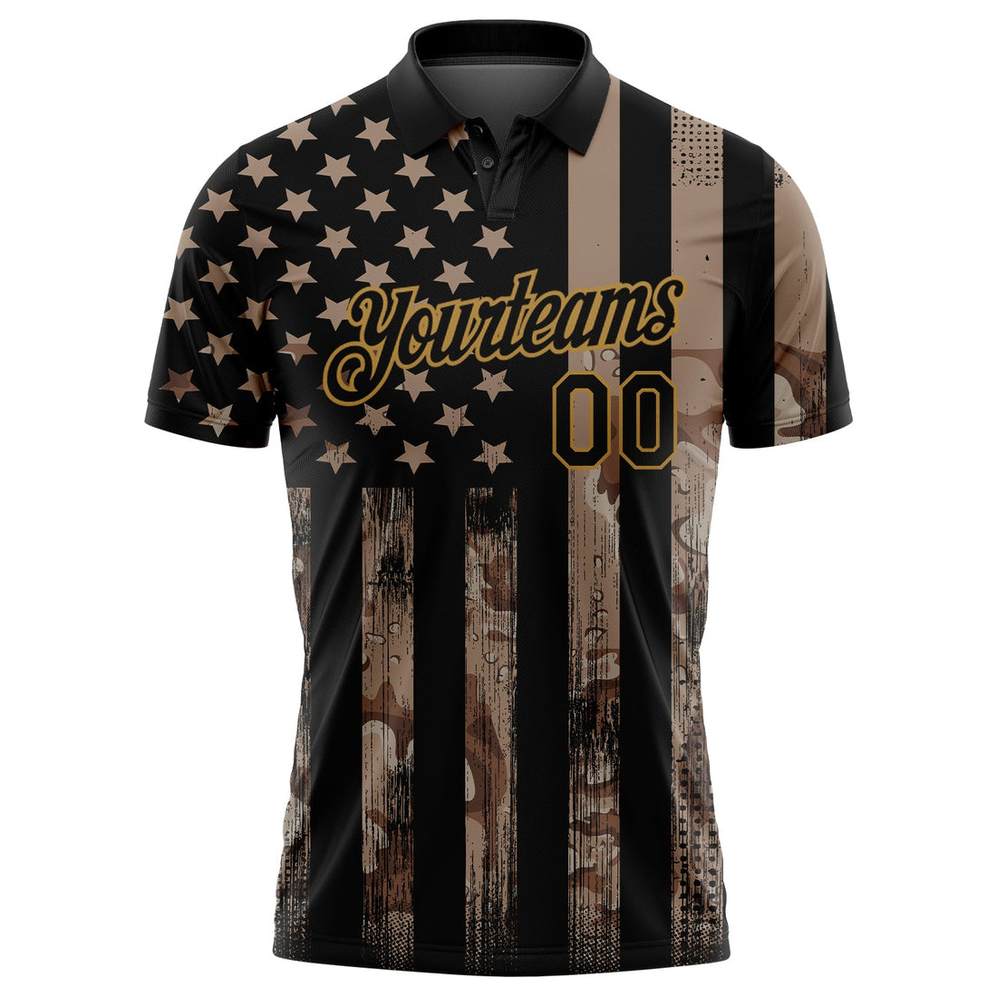 Custom Camo Black-Old Gold American Flag Performance Salute To Service Golf Polo Shirt