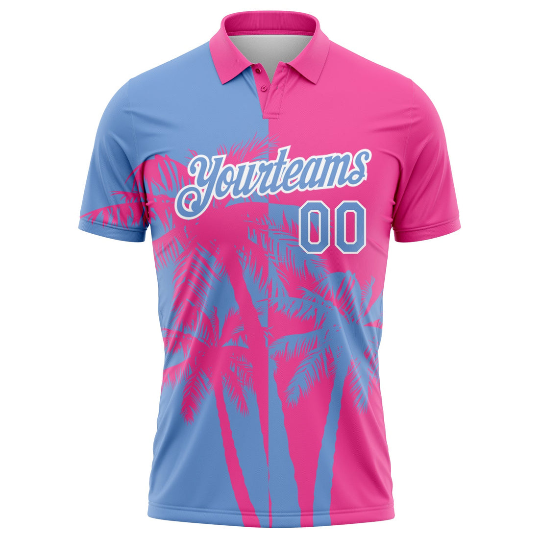 Custom Pink Light Blue-White 3D Pattern Design Hawaii Coconut Trees Performance Golf Polo Shirt