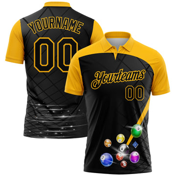 Custom Black Yellow 3D Pattern Design Billiards Performance Polo Shirt