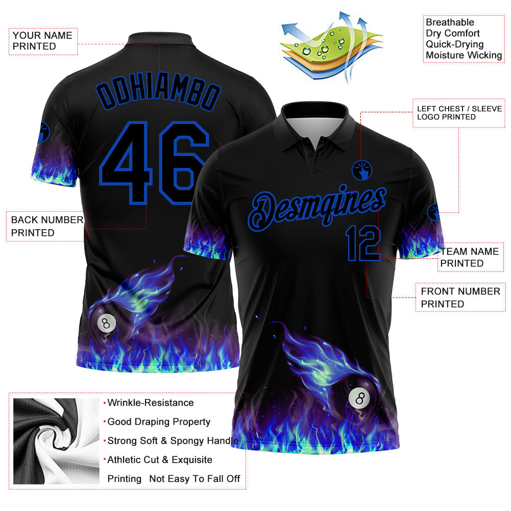 Custom Black Thunder Blue 3D Pattern Design Flame Billiards 8 Ball Performance Polo Shirt