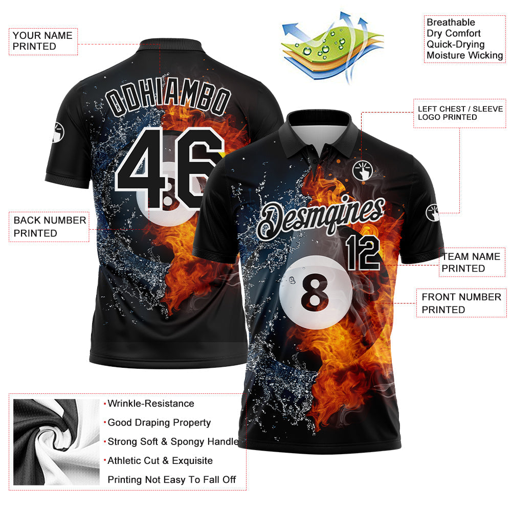 Custom Black White 3D Pattern Design Flame Billiards 8 Ball Performance Polo Shirt