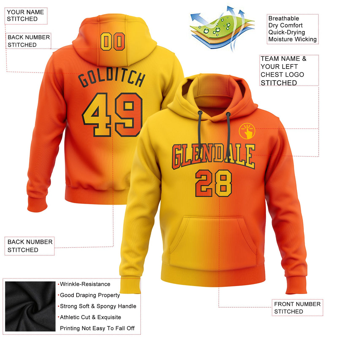 Custom Stitched Orange Yellow-Black Gradient Fashion Sports Pullover Sweatshirt Hoodie