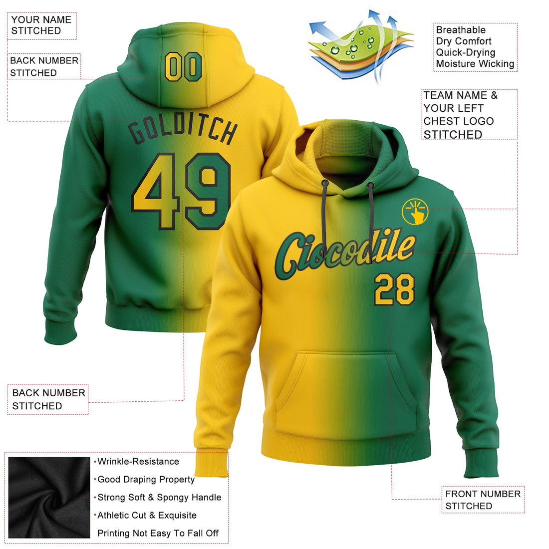 Custom Stitched Kelly Green Yellow-Black Gradient Fashion Sports Pullover Sweatshirt Hoodie