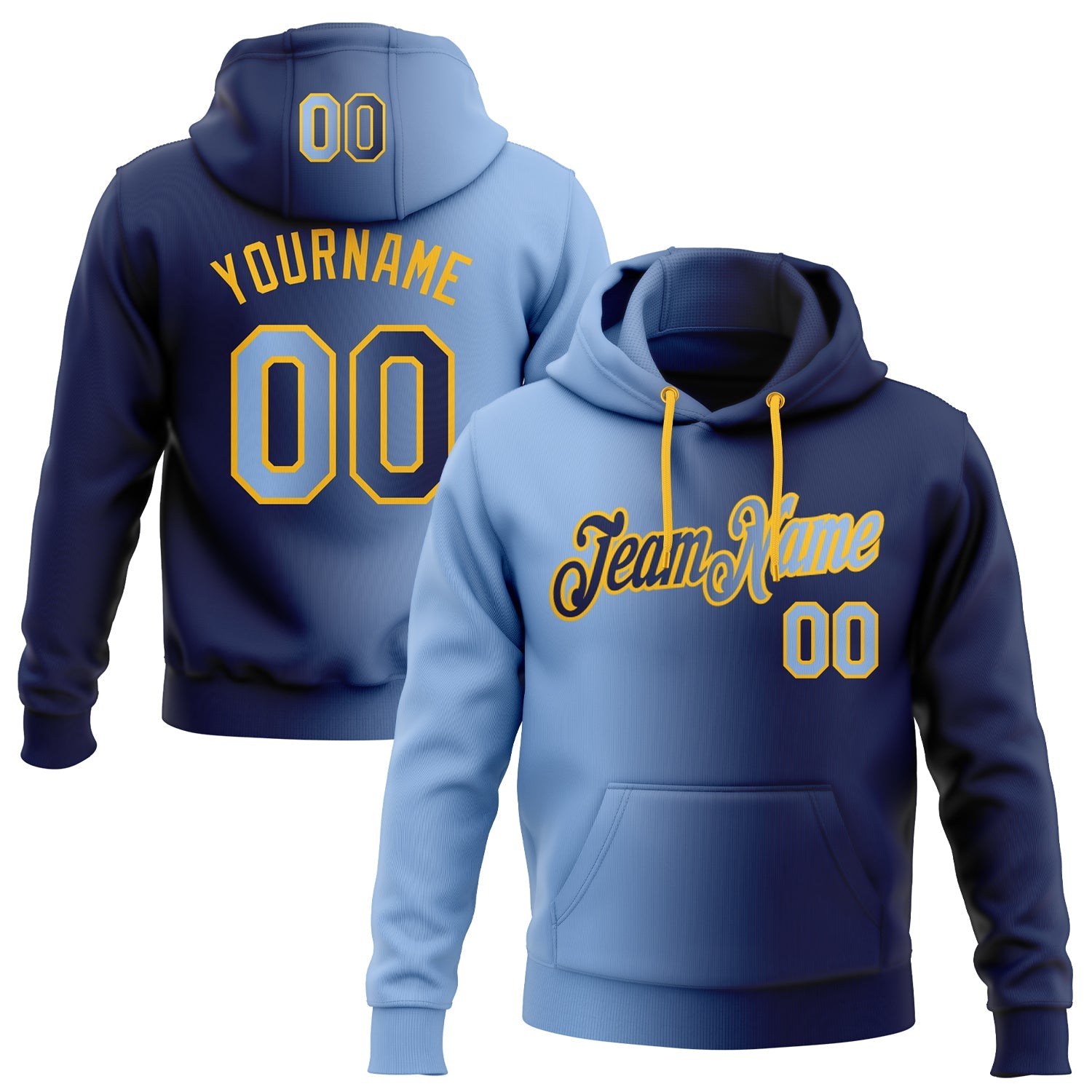 Custom Stitched Navy Light Blue-Gold Gradient Fashion Sports Pullover Sweatshirt Hoodie