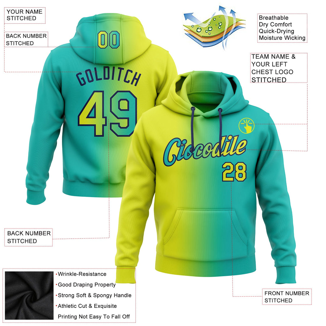 Custom Stitched Aqua Neon Yellow-Navy Gradient Fashion Sports Pullover Sweatshirt Hoodie