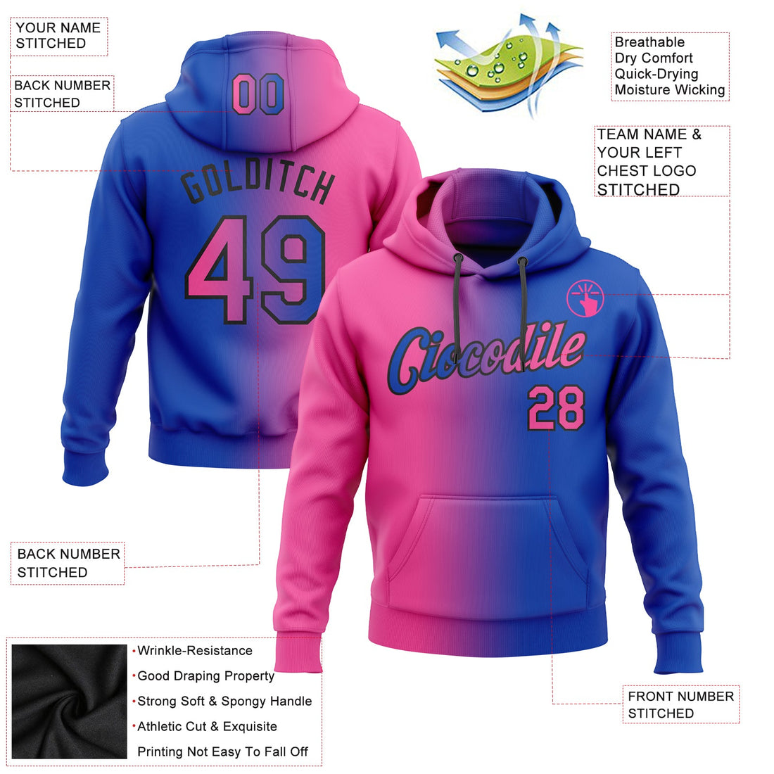 Custom Stitched Thunder Blue Pink-Black Gradient Fashion Sports Pullover Sweatshirt Hoodie