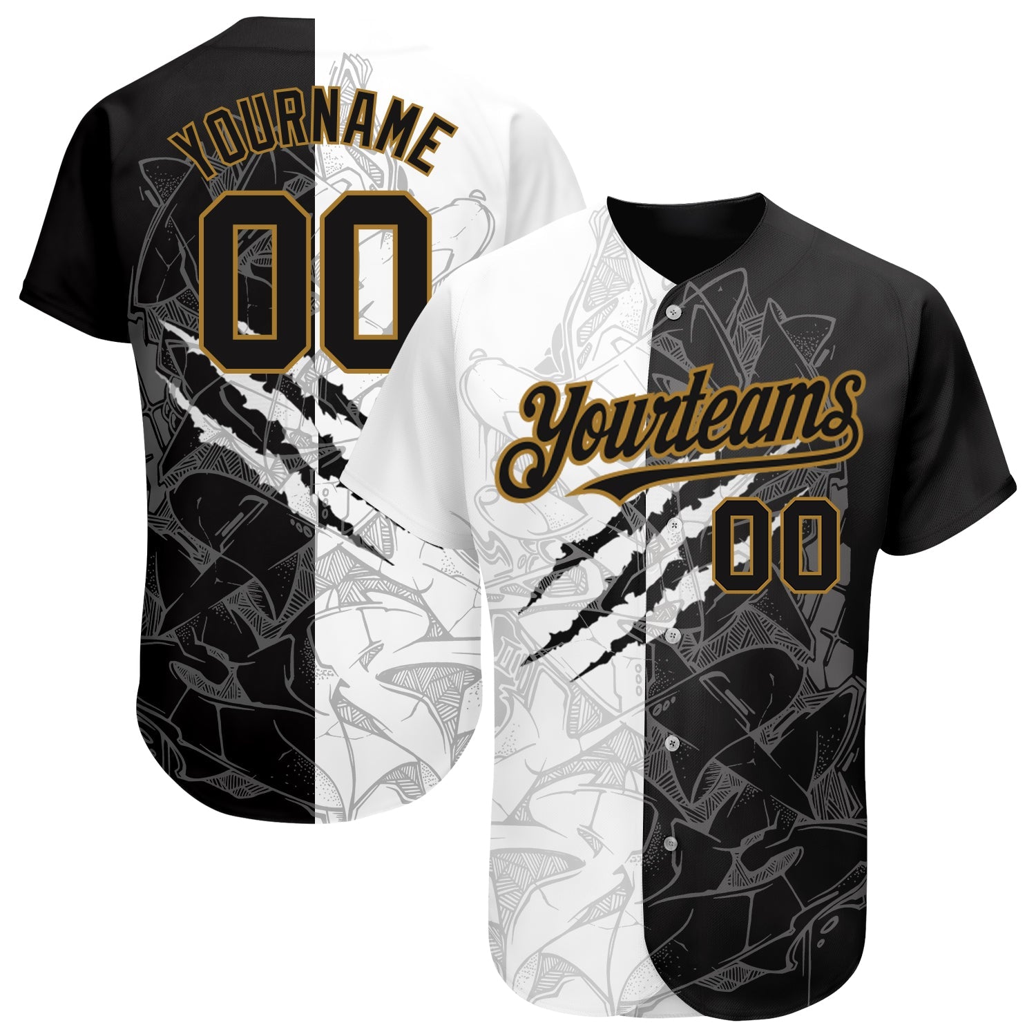 Custom Graffiti Pattern Black-Old Gold 3D Authentic Baseball Jersey