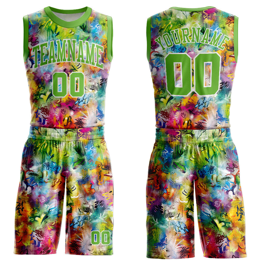 Custom Graffiti Pattern Neon Green-White Round Neck Sublimation Basketball Suit Jersey