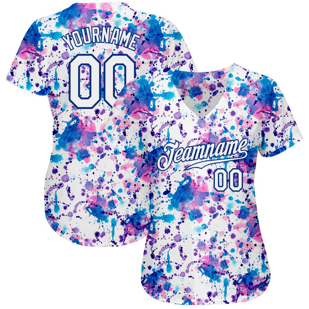 Custom Graffiti Pattern White-Royal 3D Abstract Watercolor Authentic Baseball Jersey