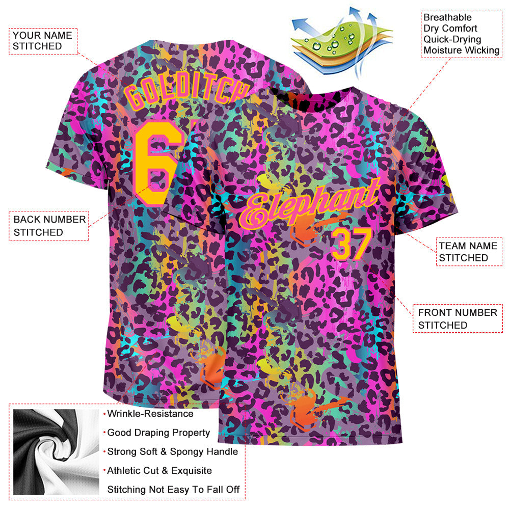 Custom Graffiti Pattern Gold-Pink 3D Colorful Leopard Performance T-Shirt