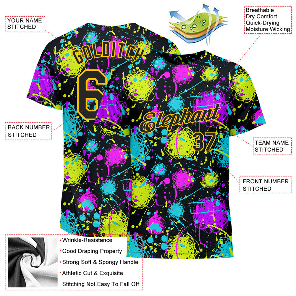 Custom Graffiti Pattern Black-Gold 3D Neon Splatter Performance T-Shirt