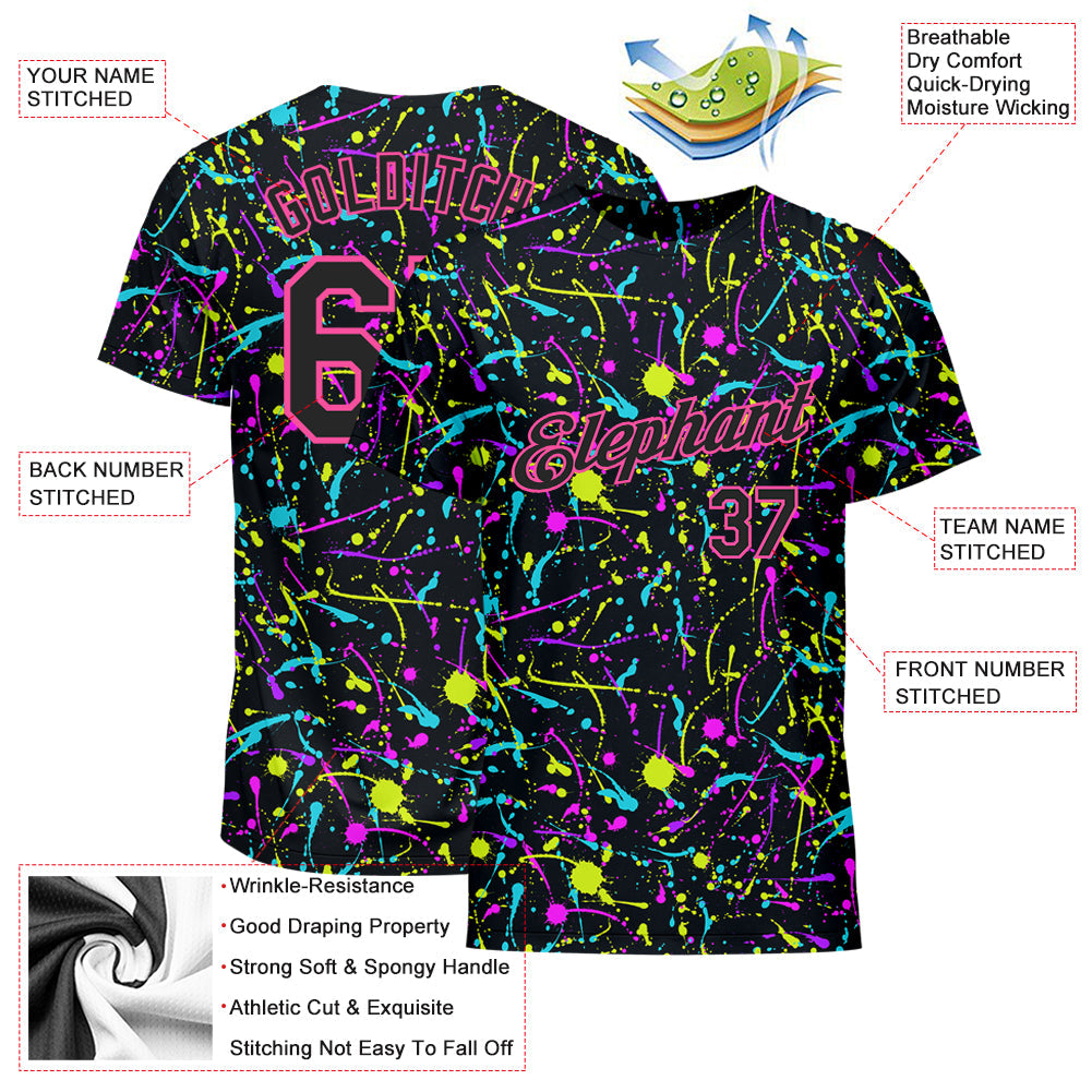 Custom Graffiti Pattern Black-Pink 3D Neon Splatter Performance T-Shirt