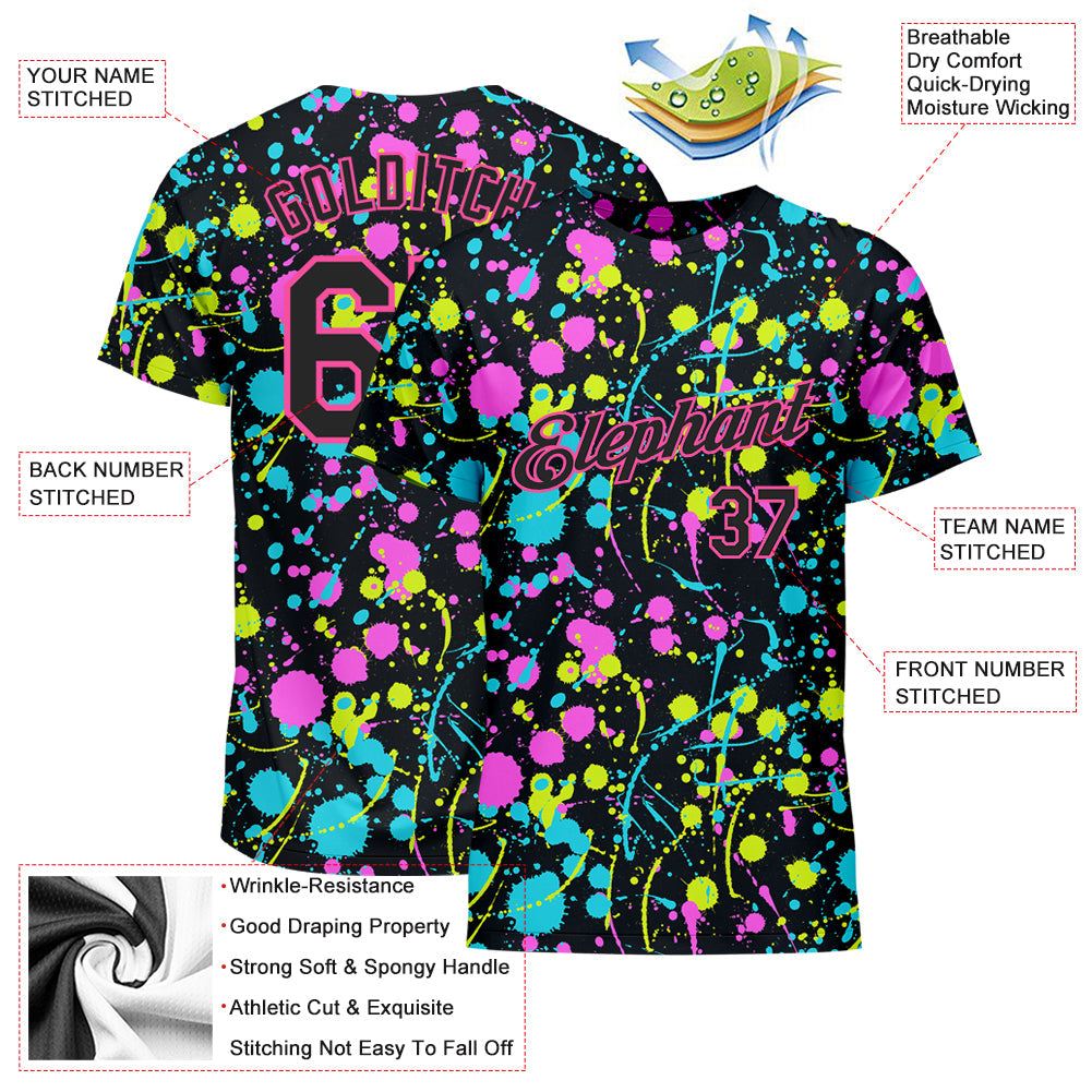 Custom Graffiti Pattern Black-Pink 3D Neon Splatter Performance T-Shirt