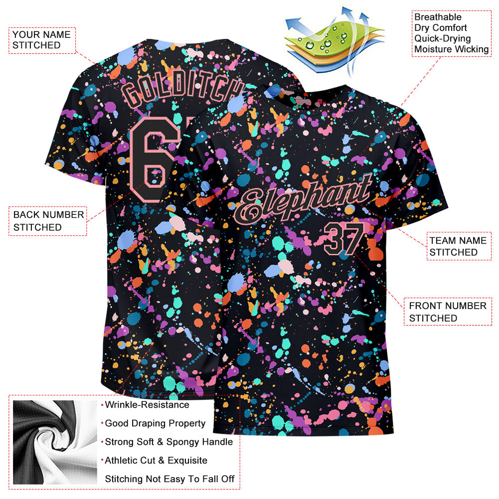 Custom Graffiti Pattern Black-Medium Pink 3D Expressive Splatter Performance T-Shirt