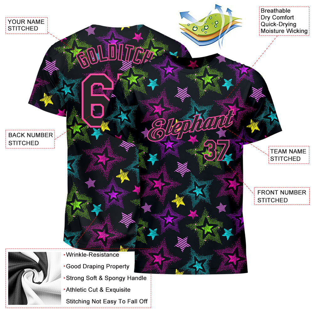 Custom Graffiti Pattern Black-Pink 3D Creative Colorful Stars Performance T-Shirt