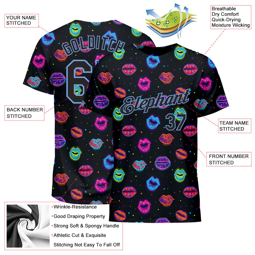 Custom Graffiti Pattern Black-Light Blue 3D Dots And Kiss Lips Performance T-Shirt