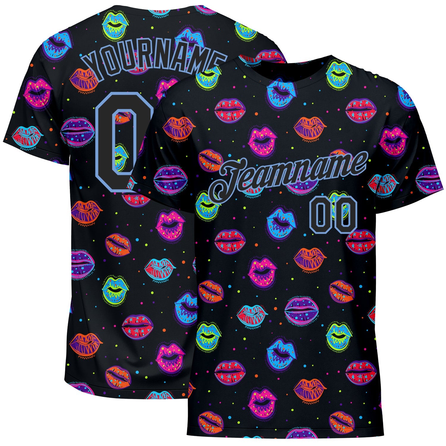 Custom Graffiti Pattern Black-Light Blue 3D Dots And Kiss Lips Performance T-Shirt