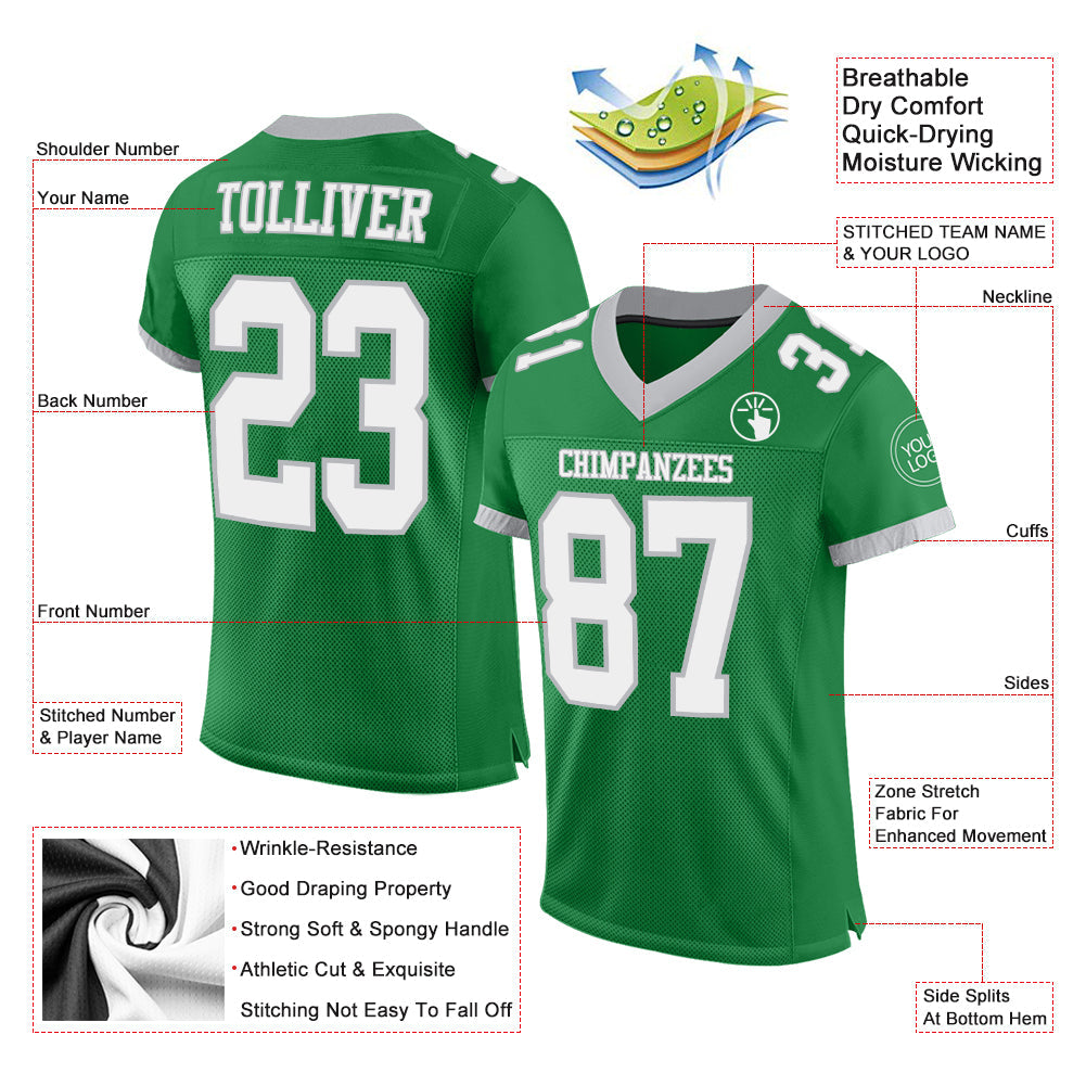 Custom Grass Green White-Gray Mesh Authentic Football Jersey