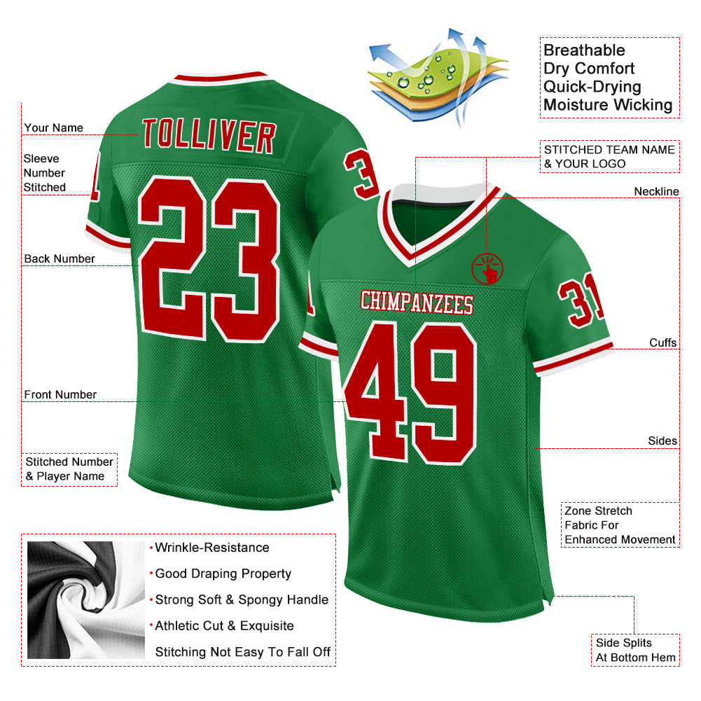 Custom Grass Green Red-White Mesh Authentic Throwback Football Jersey