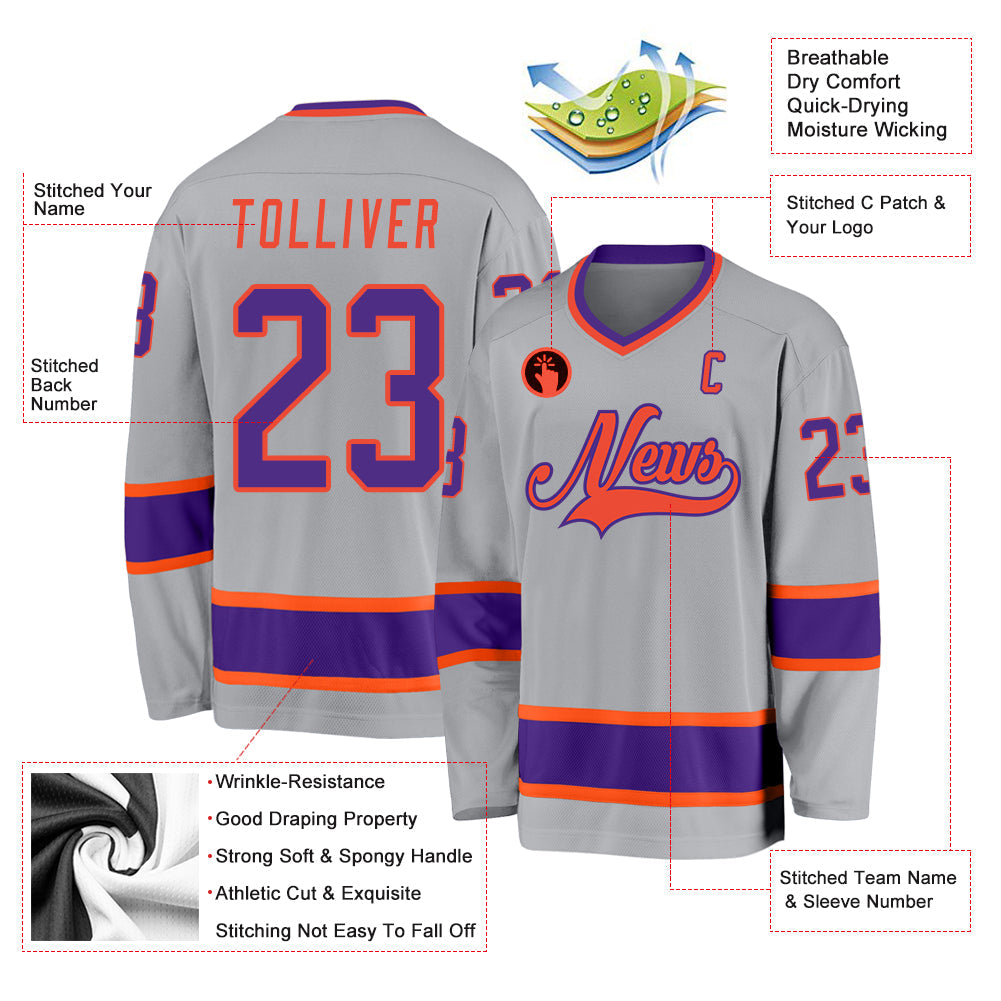 Custom Gray Purple-Orange Hockey Jersey