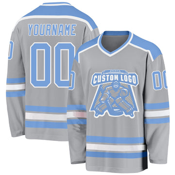 Custom Gray Light Blue-White Hockey Jersey