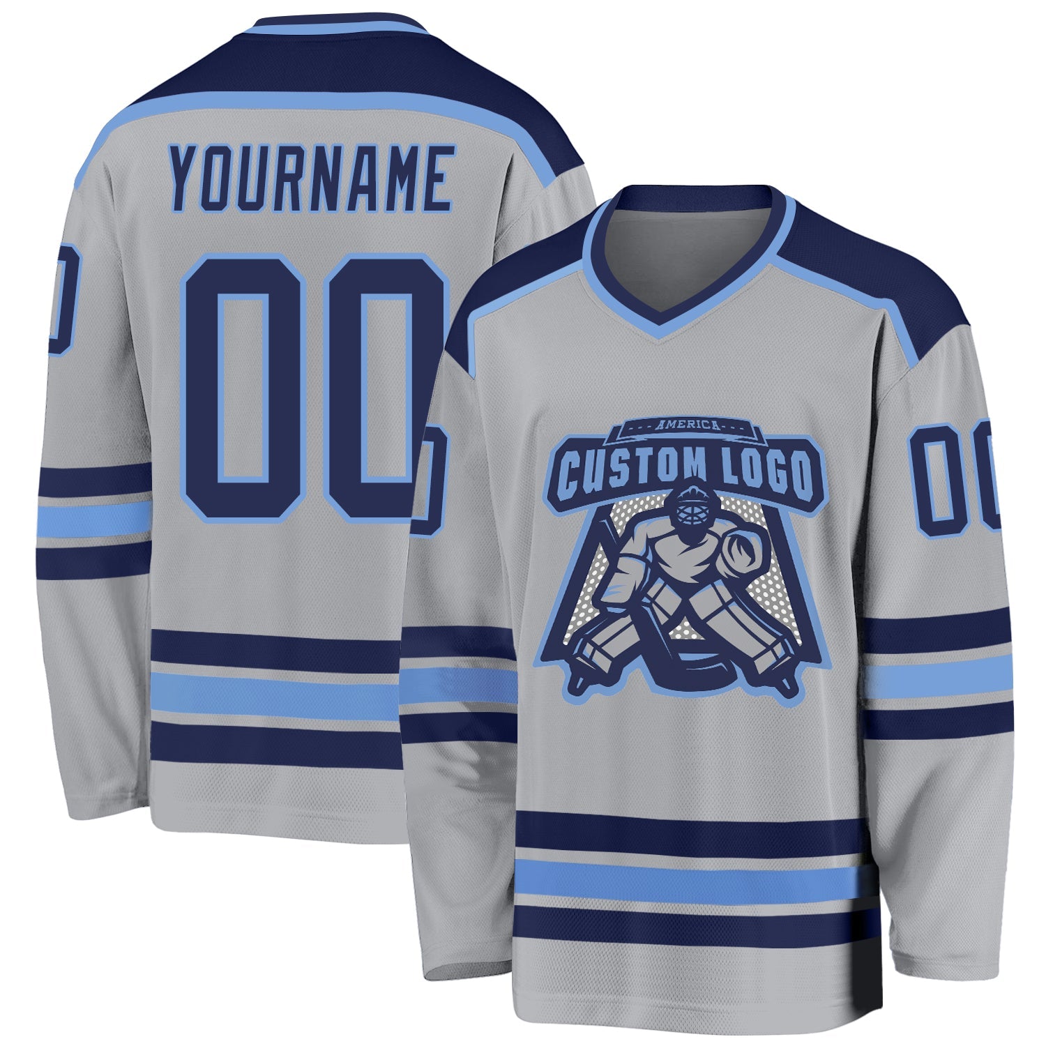 Custom Gray Navy-Light Blue Hockey Jersey