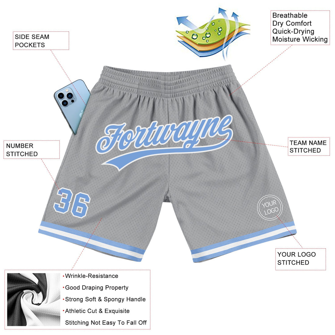 Custom Gray Light Blue-White Authentic Throwback Basketball Shorts