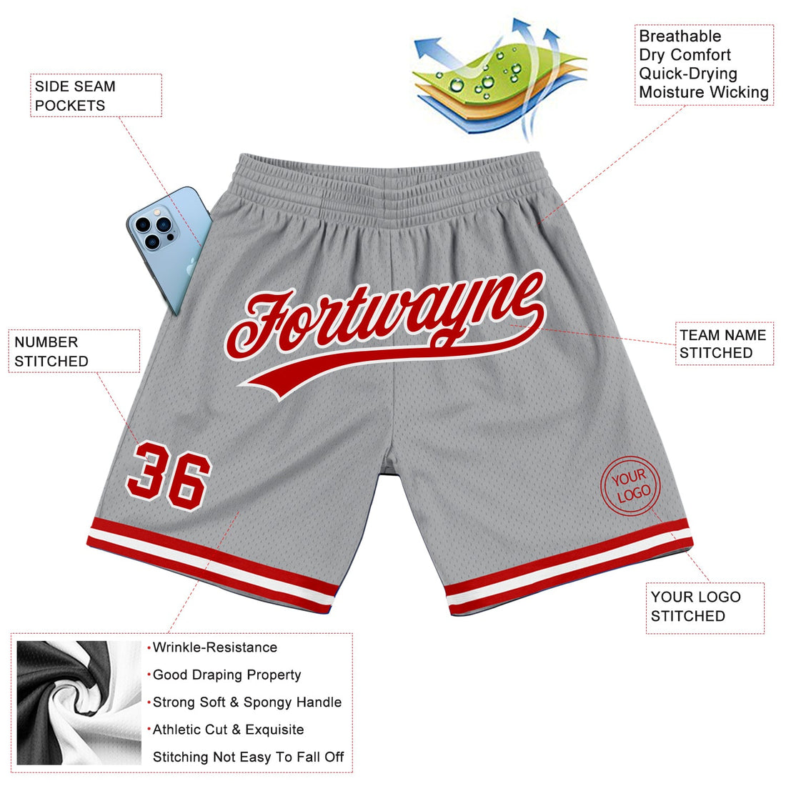 Custom Gray Red-White Authentic Throwback Basketball Shorts