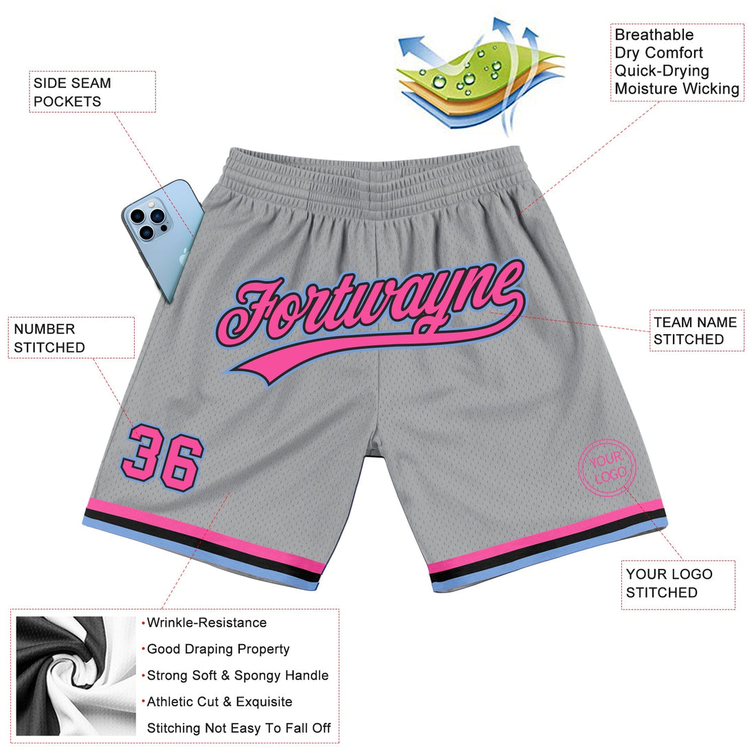 Custom Gray Pink Black-Light Blue Authentic Throwback Basketball Shorts