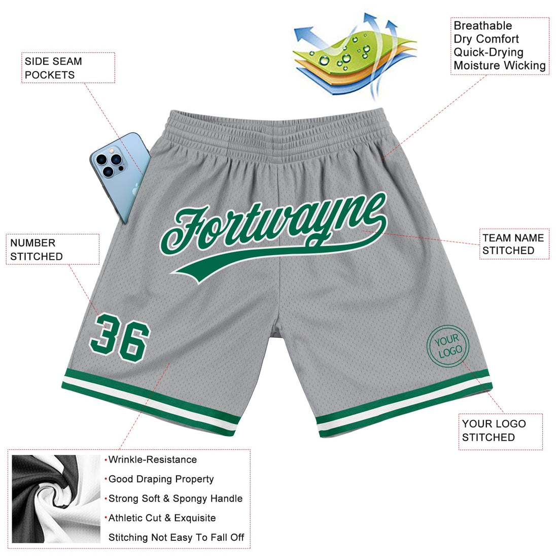 Custom Gray Kelly Green-White Authentic Throwback Basketball Shorts