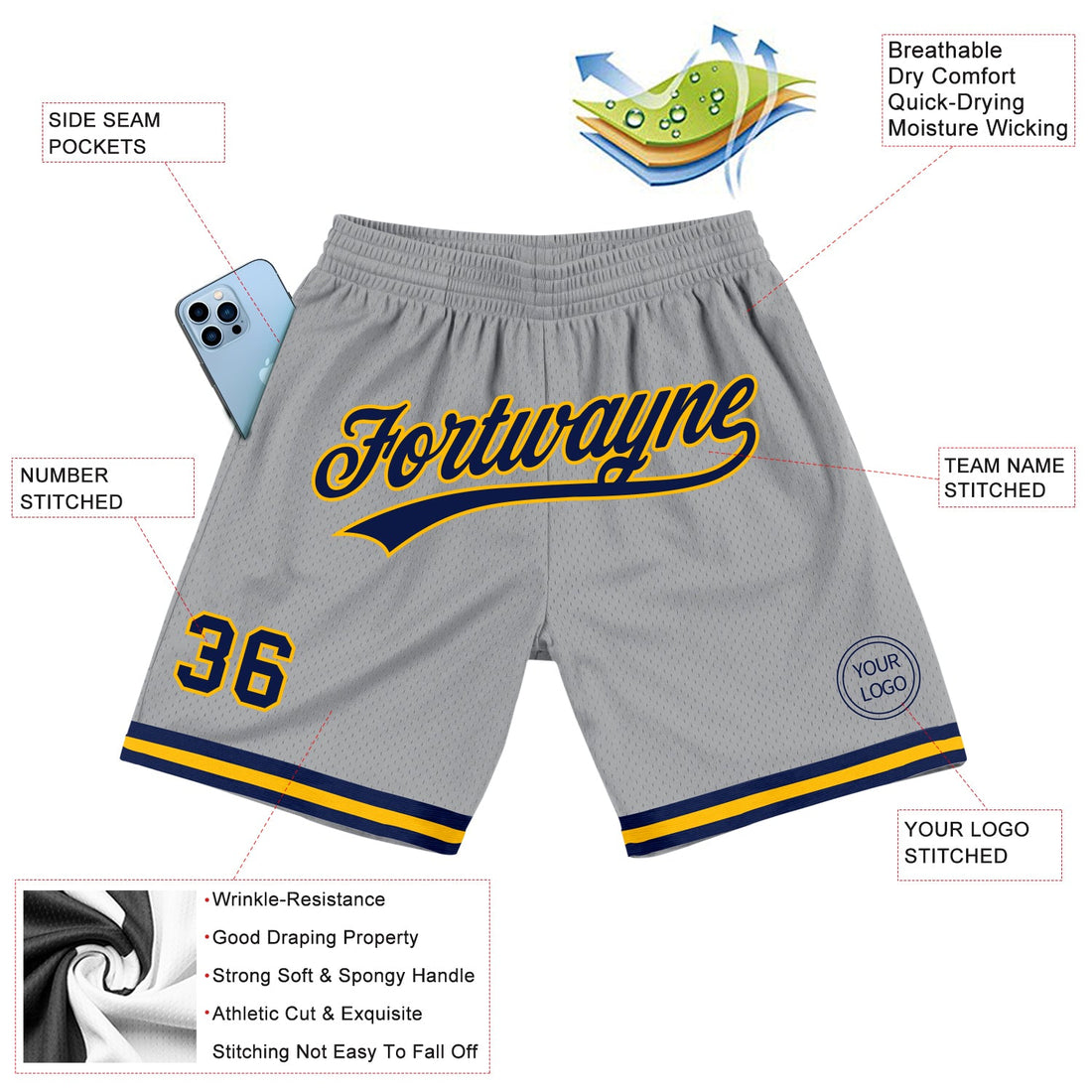 Custom Gray Navy-Gold Authentic Throwback Basketball Shorts