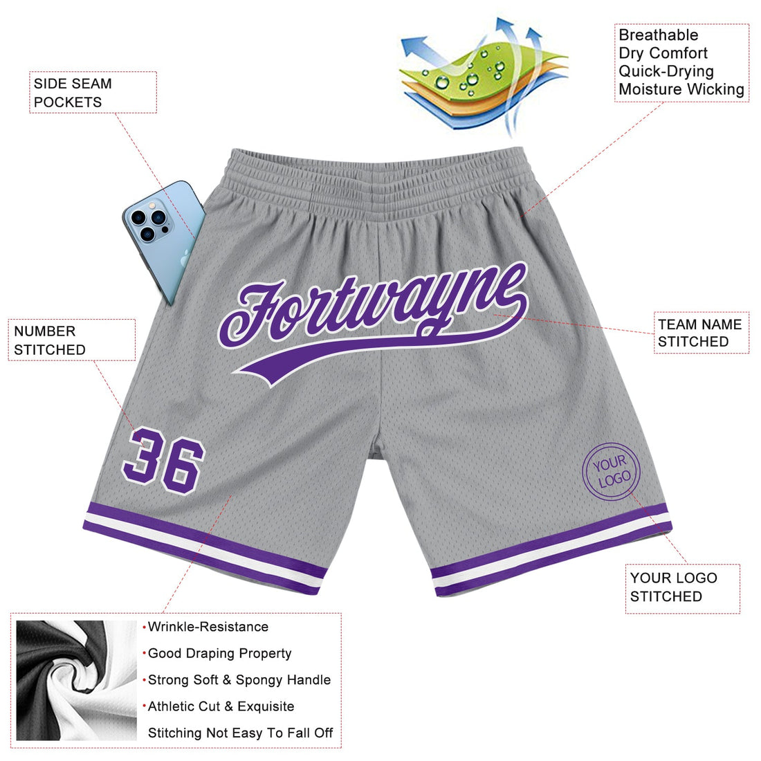 Custom Gray Purple-White Authentic Throwback Basketball Shorts