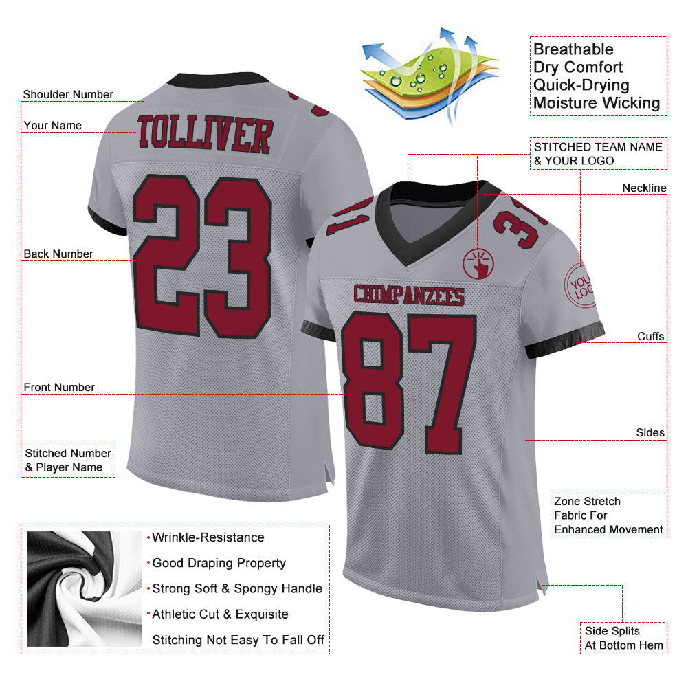 Custom Gray Crimson-Black Mesh Authentic Football Jersey