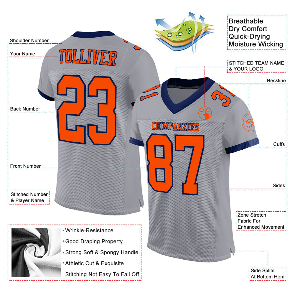 Custom Gray Orange-Navy Mesh Authentic Football Jersey