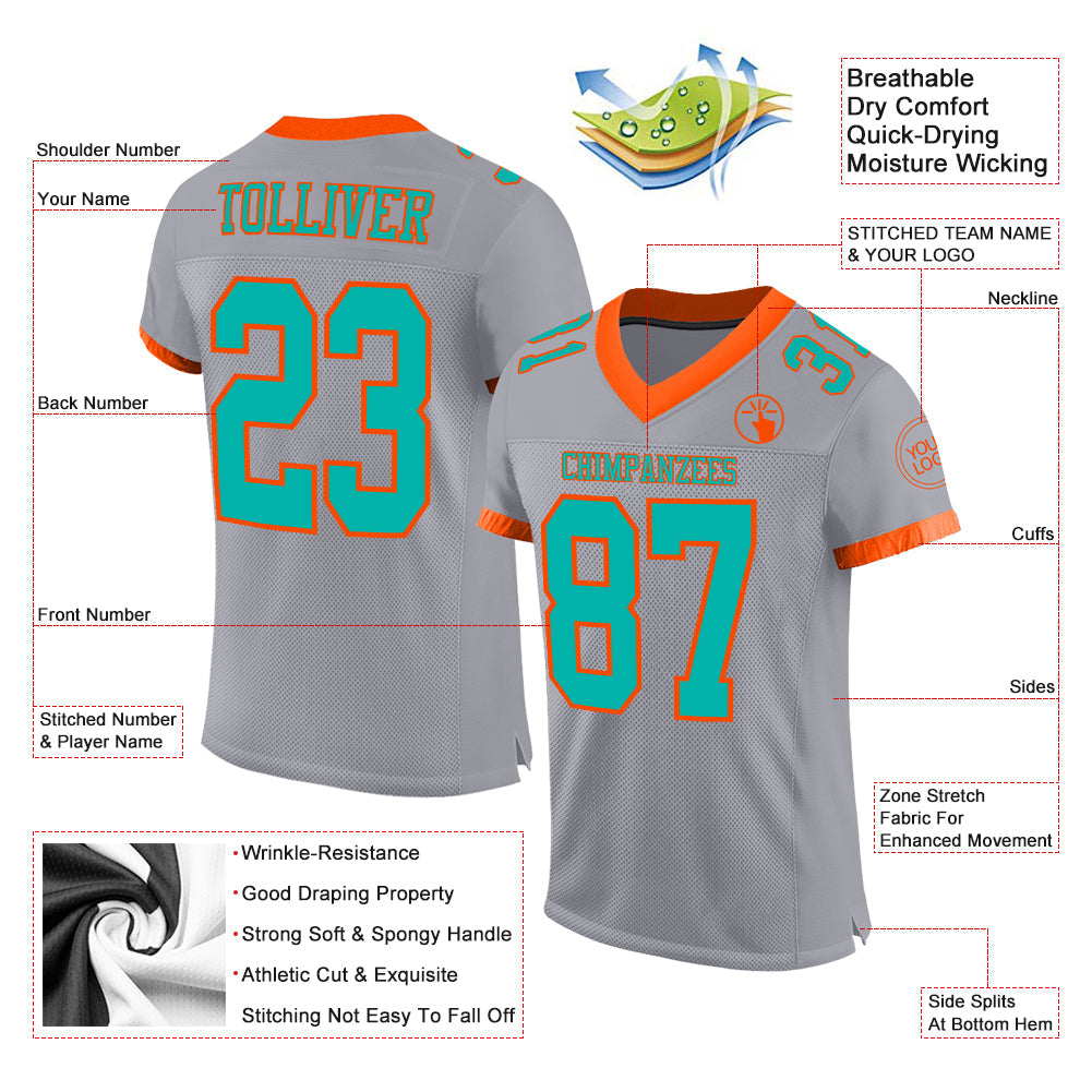 Custom Gray Aqua-Orange Mesh Authentic Football Jersey