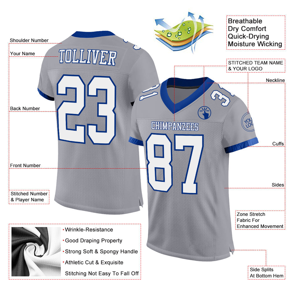 Custom Gray White-Royal Mesh Authentic Football Jersey