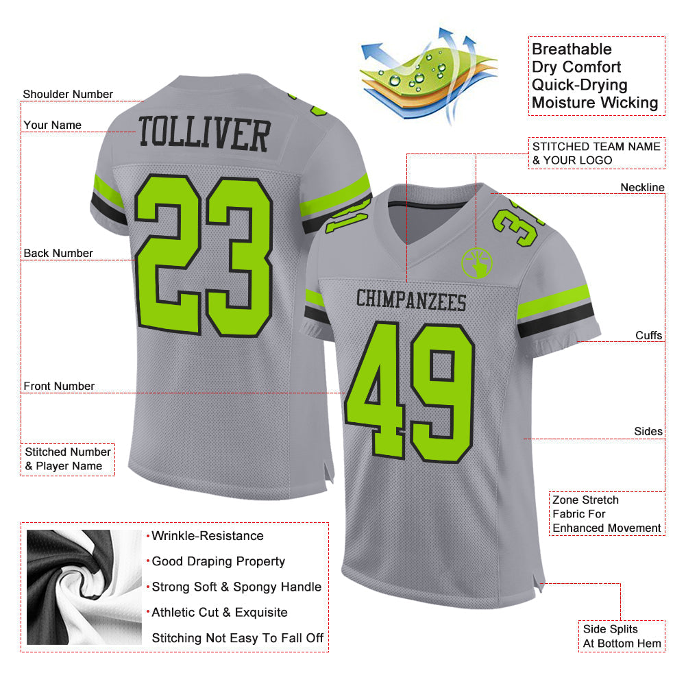 Custom Gray Neon Green-Black Mesh Authentic Football Jersey